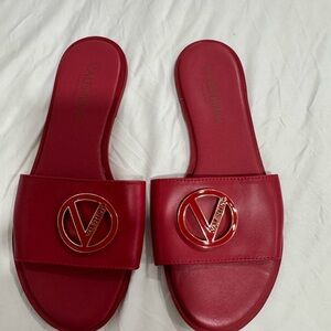 Valentino Crimson Slides with Gold Emblem